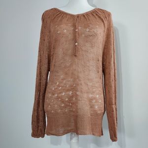 Vintage 80s Bohemian Sweater Cottage Prairie Large XL Open Ruffle Tan Beige 90s